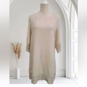 Stella Rosa,Italy,Soft Cream Linen Dress,Crochet Cuff & Hem,Lagenlook, Size XS